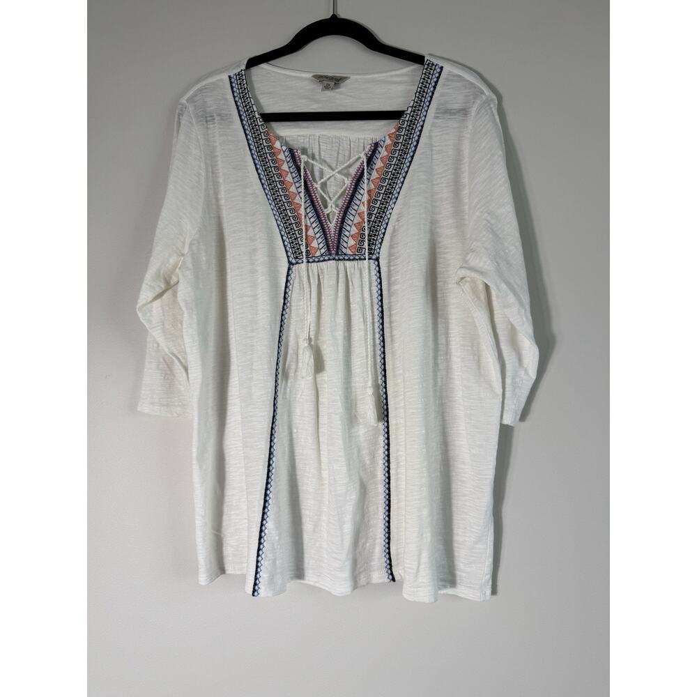 Lucky Brand Embroidered Tasseled Knit Tunic Blouse White Geometric Size 2X - Picture 2 of 11
